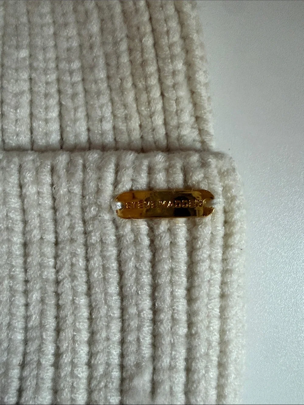 Steve Madden Cream Knit Beanie with Brown Pom